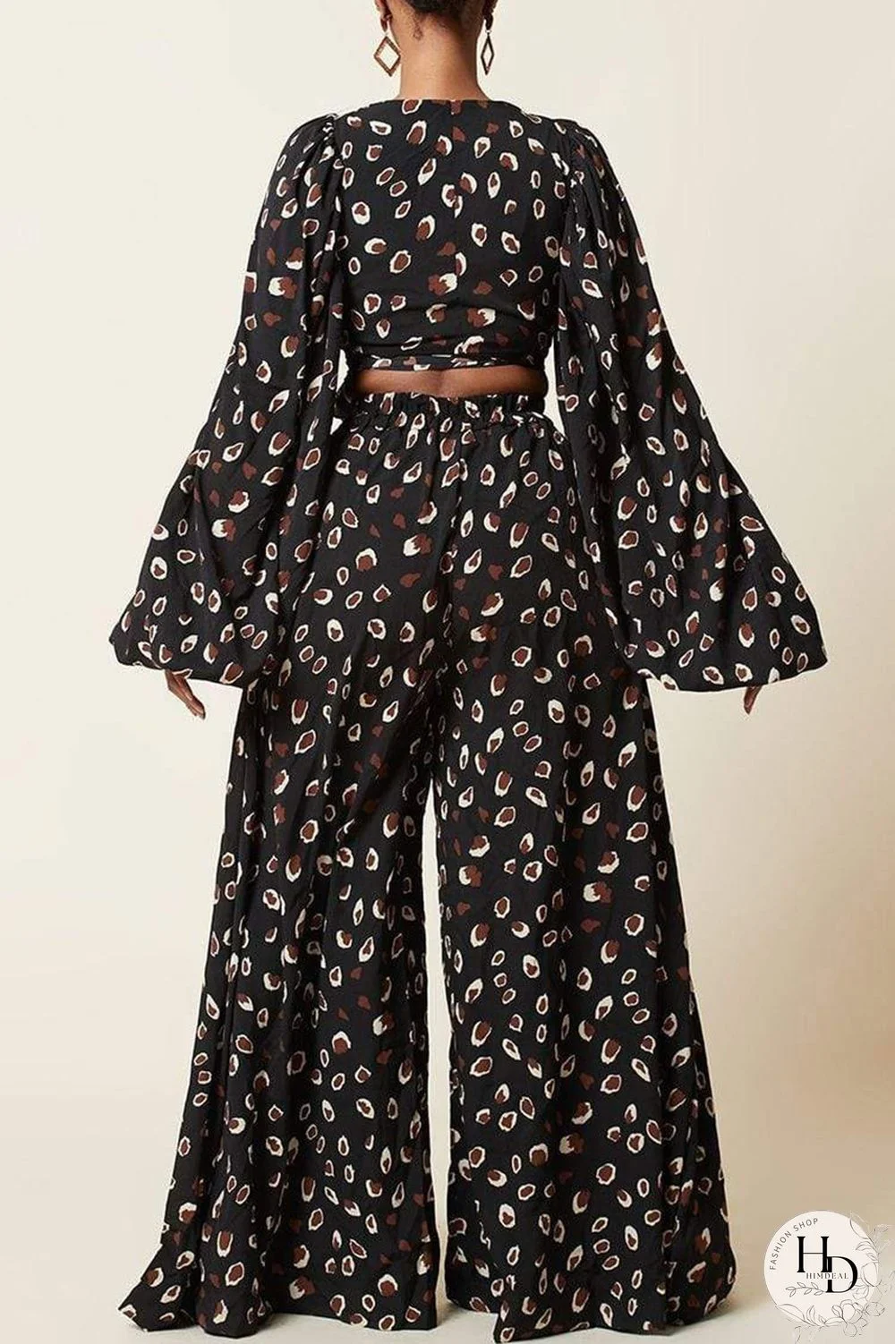 Black Fashion Casual Print Bandage V Neck Long Sleeve Two Pieces