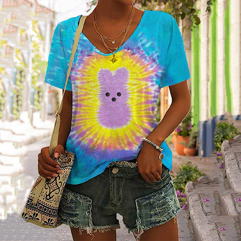 Easter Bunny Print Tie-Dye V-Neck T-Shirt wearshes