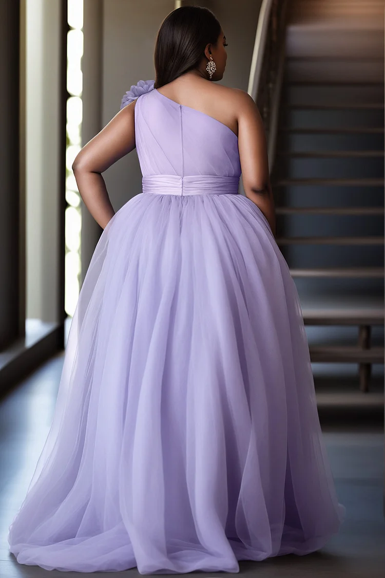 Xpluswear Design Plus Size Prom Purple Elegant Oblique Collar 3D Split Tulle Maxi Dresses [Pre-Order]
