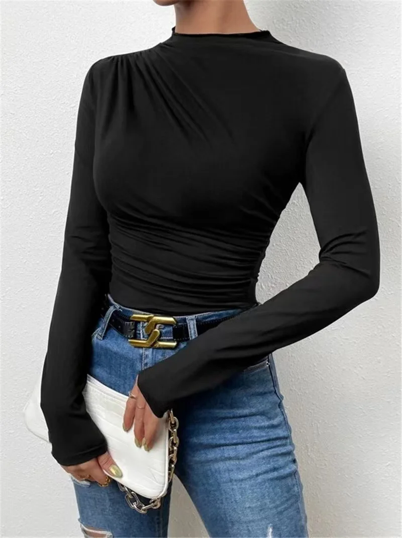 Nigikala Nigikala Summer Solid Color Round Collar Repair Shirt Bran Folding Design Women's Long-Sleeved Top