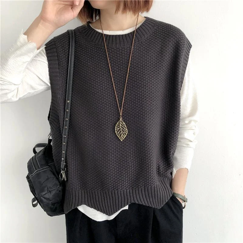 Churchf Churchf 2024 Solid Color Loose Round Collar Horse Clip Vest Wear Irregular Head Short Knit Vest Women's Vest