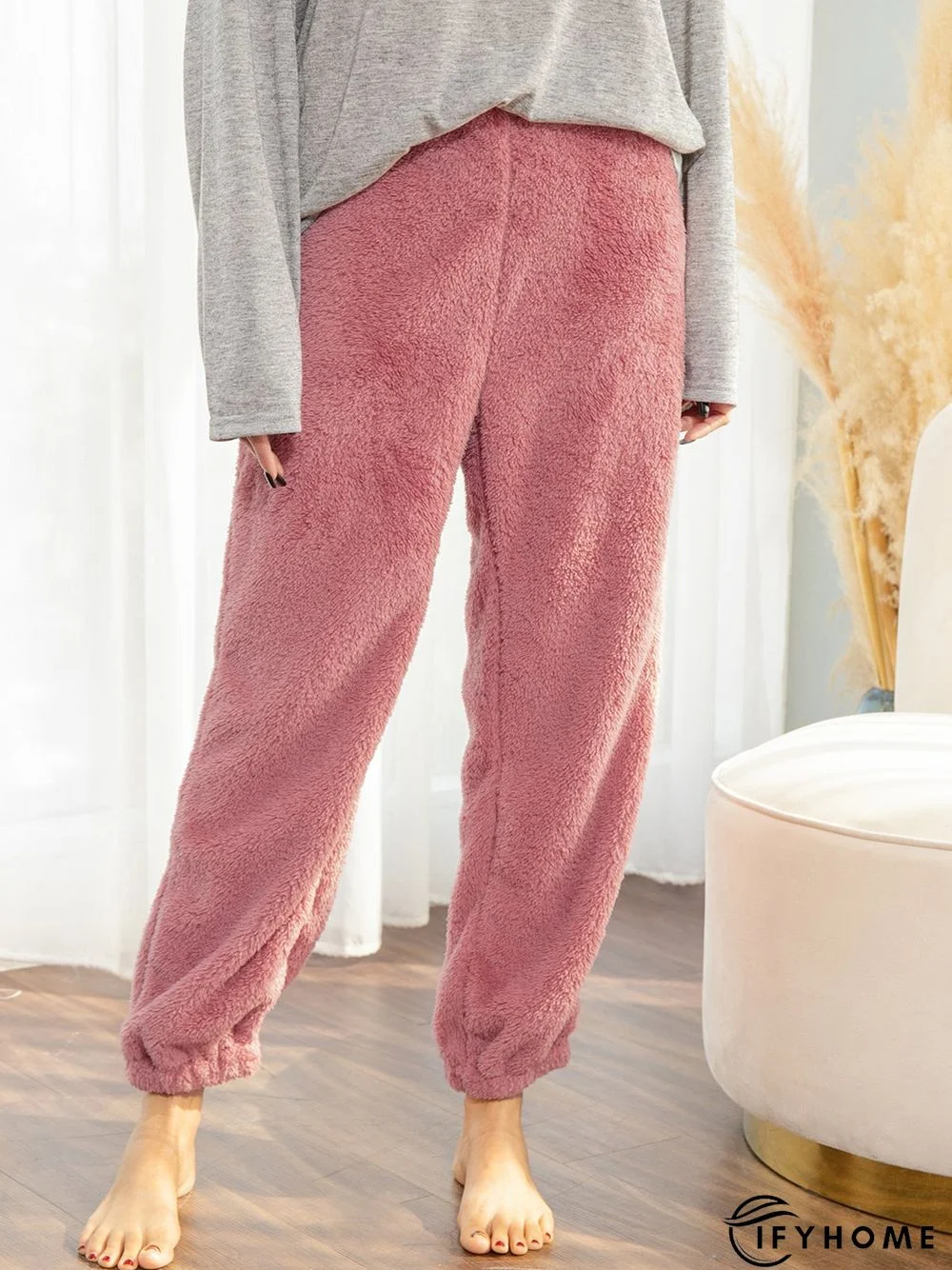 Pink Holiday Cotton-Blend Plain Pants | IFYHOME