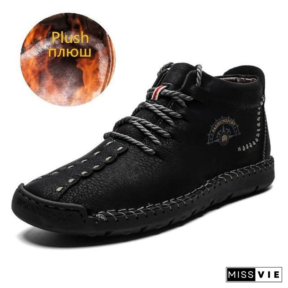 Warm Mens Boots Working Tactical Boots Split Leather Ankle Boots Plush Snow Boots Lace-up Winter Shoes