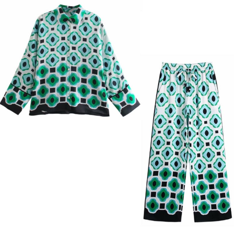 Flaxmaker Lace Up Geometric Print Shirt and Bottom
