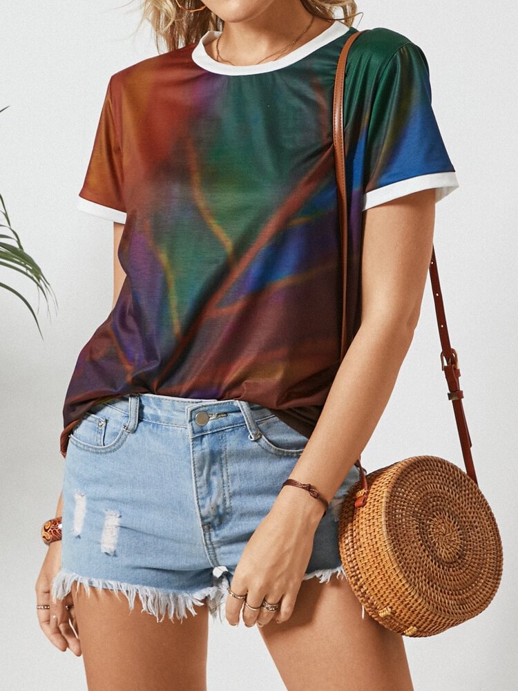 Multi color Leaf Print O neck Short Sleeve Casual T Shirt For Women P1834140