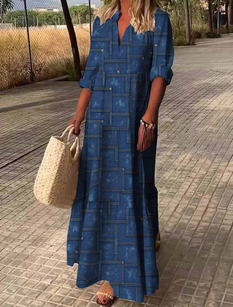 Women Patchwork,  Checkered,  Blue DZDN0424 SPU Printed Long Sleeve V-neck Maxi Dress