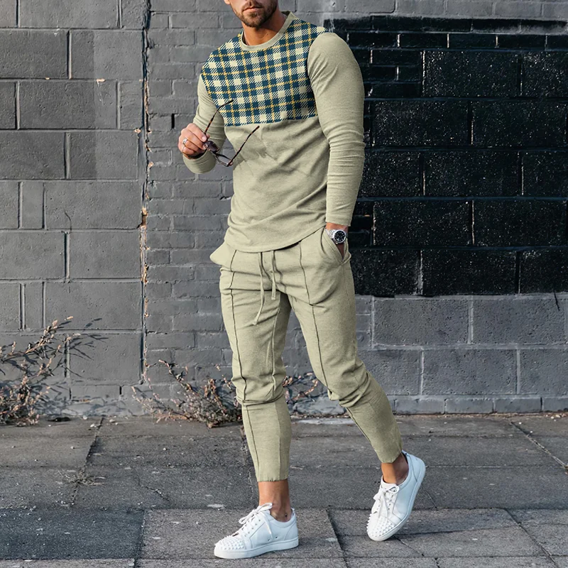 Men's Plaid Casual Long Sleeve T-Shirt And Pants Two Piece Set