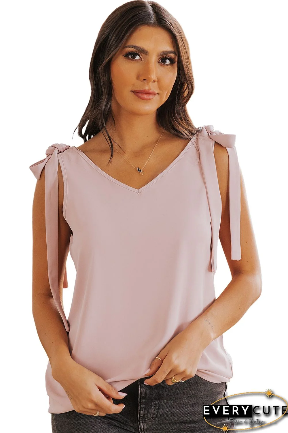 Pink Tie On Shoulder V Neck Tank Top