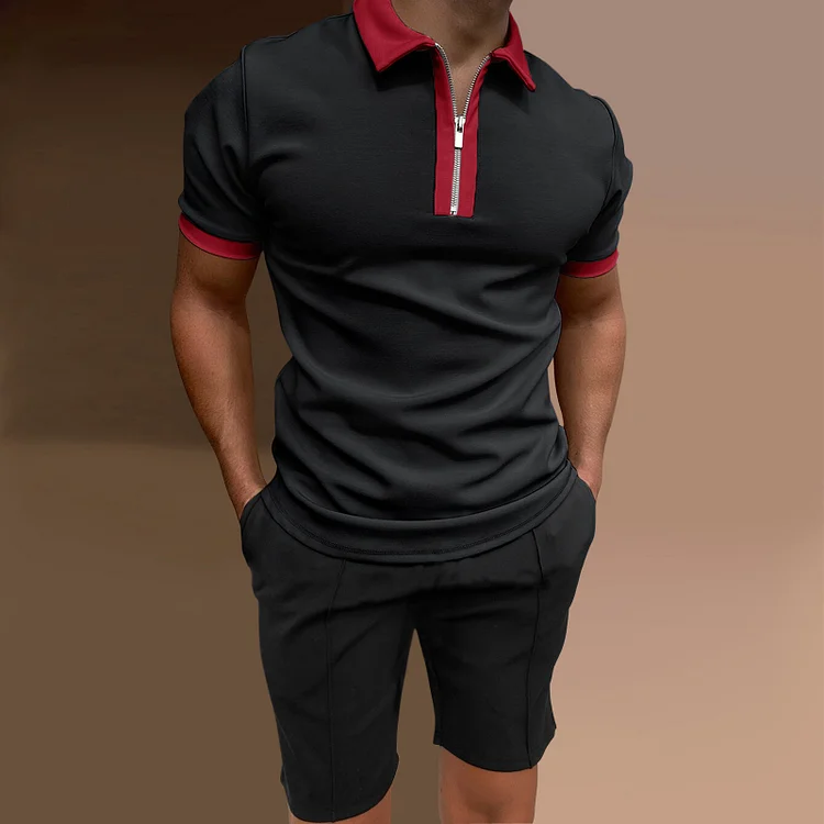 BrosWear Fashion Colorblock Short Sleeve Polo Shirt And Shorts Two Piece Set