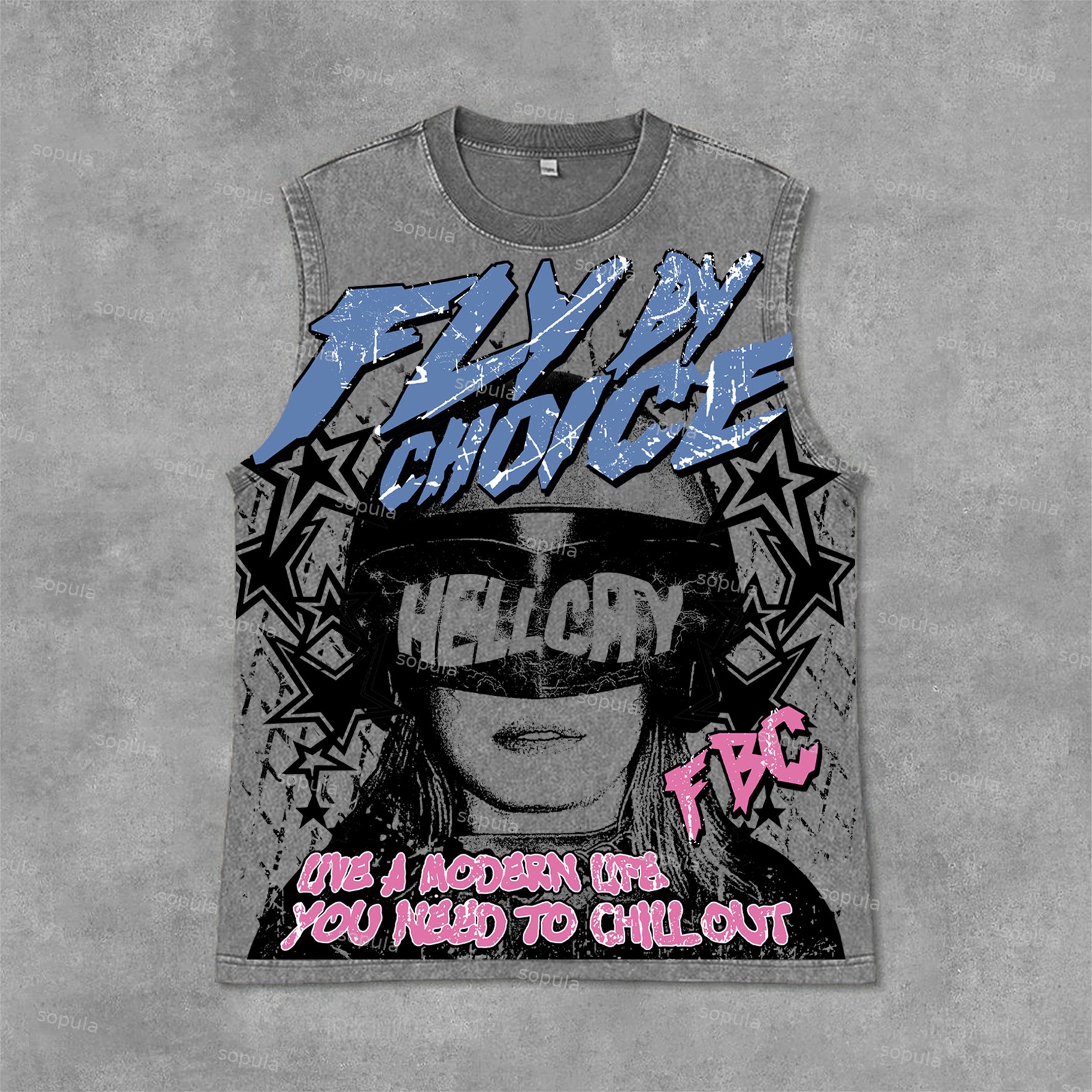 Fly By Choice Graphic Print Acid Washed Sleeveless Tank Top - SOPULA