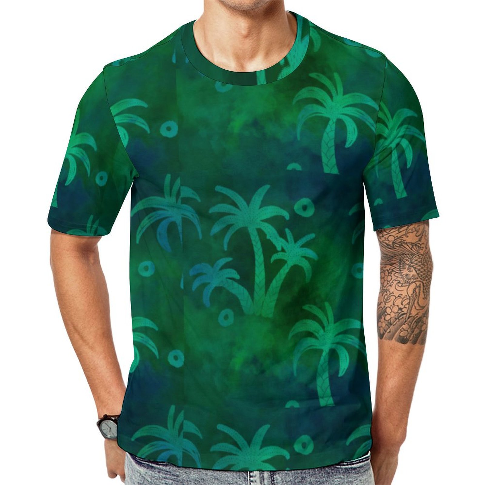Green And Blue Palm Tree Short Sleeve Print Unisex Tshirt Summer Casual Tees for Men and Women Coolcoshirts