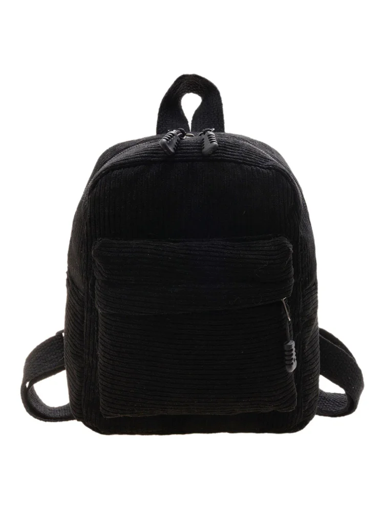 Women Vintage Corduroy Solid Color Backpack Winter Small Knapsack (Black)