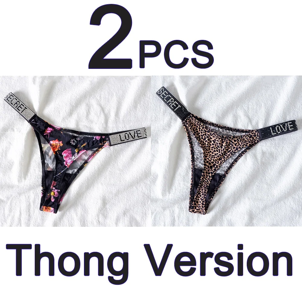 2PCS Sexy Low Waist Panties G String Comfort Satin Underwear Women Rhinestone High Fork Thong Seamless Intimates Lingerie Cotton