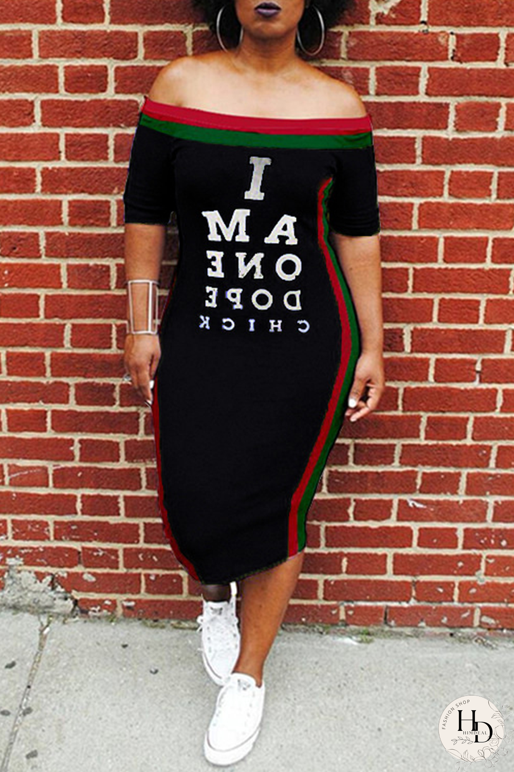 White Sexy Fashion Off The Shoulder Short Sleeves One word collar Step Skirt Mid-Calf Print Patchwork Pri