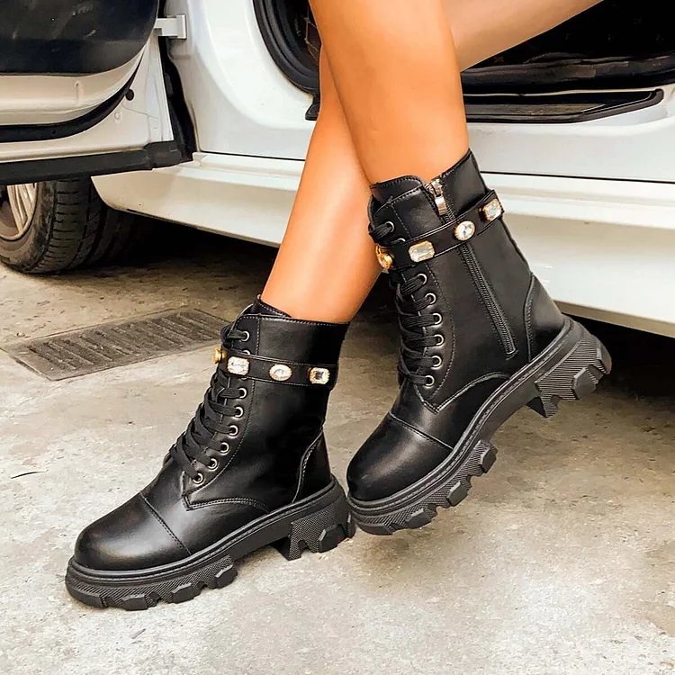 Black Platform Lug Sole Ankle Boot Side Zipper Combat Booties