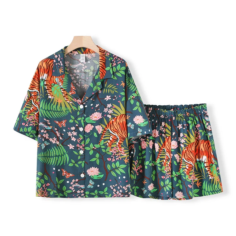 Women's New trends Print Comfortable Lapel Cotton Satin Sleepwear Sets