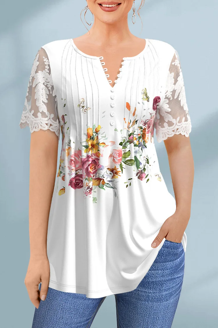 Flycurvy Plus Size Casual White Floral Print Button Lace Stitching Blouse  Flycurvy [product_label]