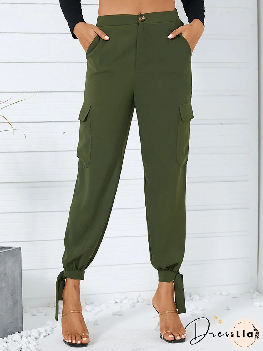 Solid Color Knotted Button Pocket Long Casual Pants for Women