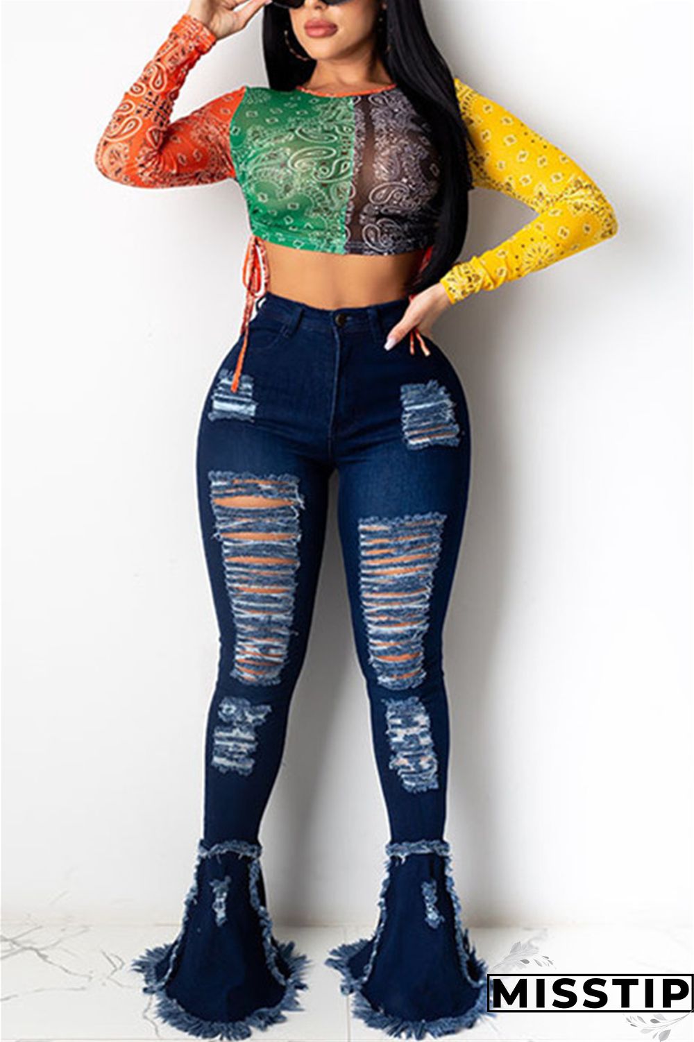 Colorful Fashion Sexy O Neck Long Sleeve Regular Sleeve Short Print Tops