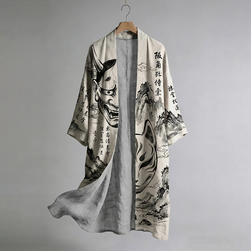 Retro Fox Mask & Calligraphy Print Casual Kimono  artssus