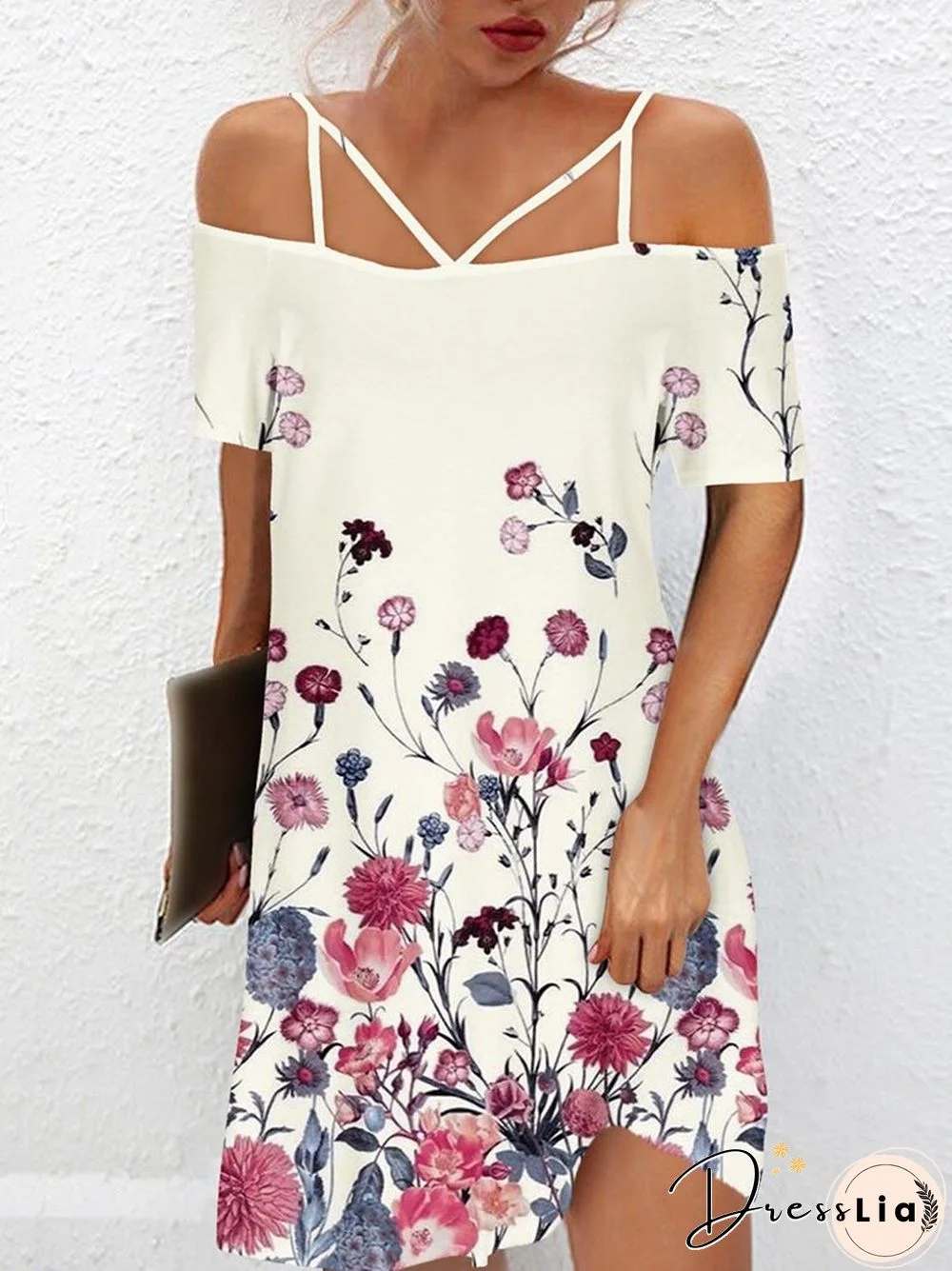 Vintage One-Line Neck Cross Strap Dress Women Summer Sexy Short Sleeve Backless Mini Dress Ladies Fashion Printed Loose Dresses