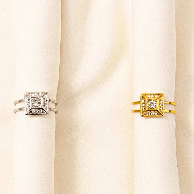 2 Pieces 304 Stainless Steel 18K Gold Plated IG Style Classic Style Inlay Geometric Rhinestones Adjustable Ring