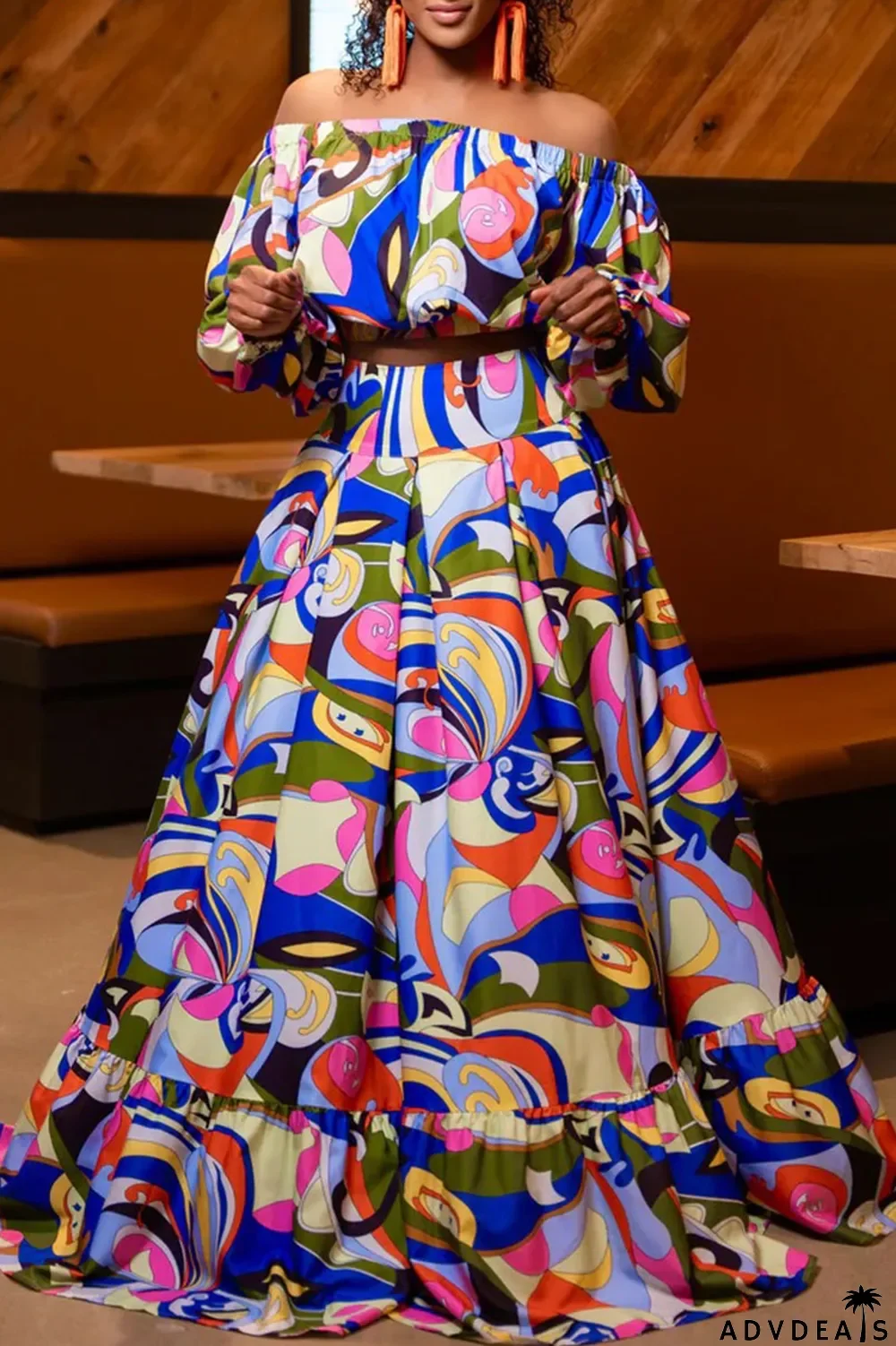 Tangerine Casual Print Patchwork Off the Shoulder Half Sleeve Two Pieces