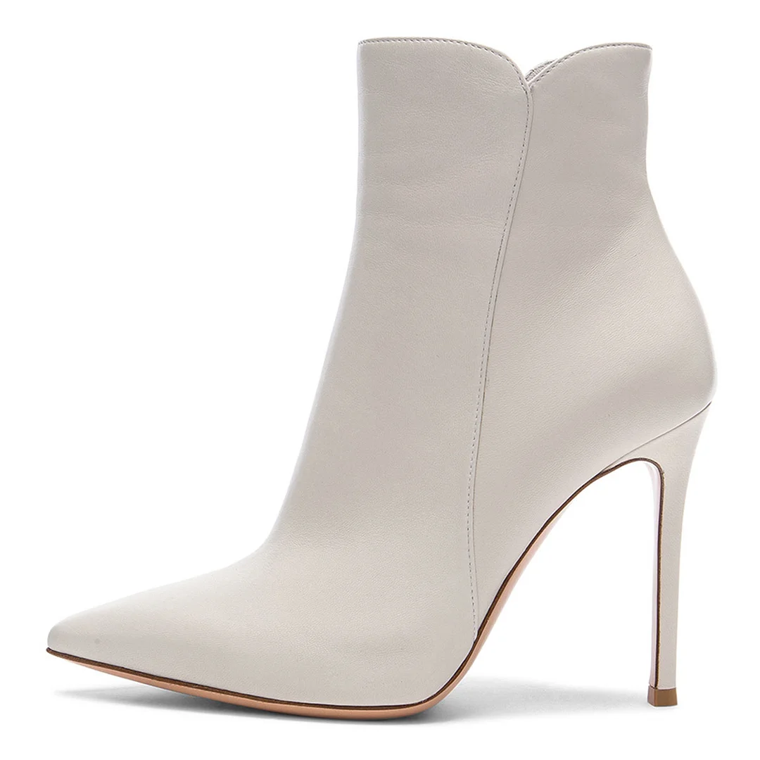 Simple Pointed Toe Side Zipper Stiletto Heeled Ankle Boots in White