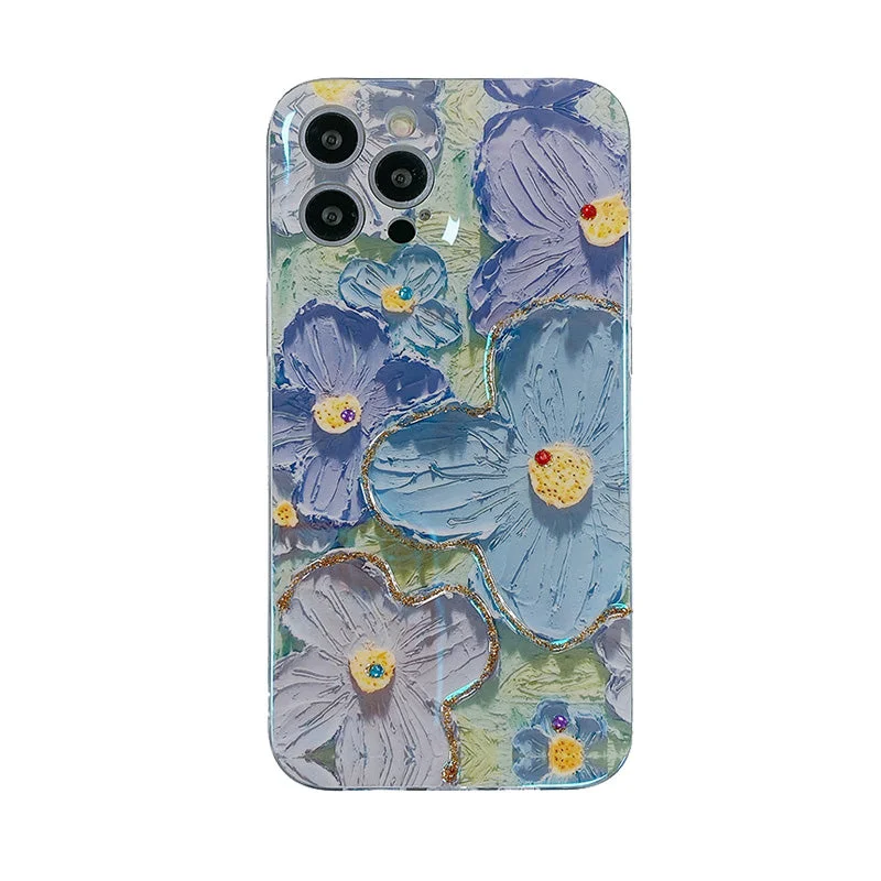 Blue oil painting purple flowers Apple phone case