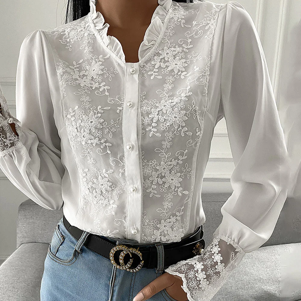 Sonicelife New Elegant Long Sleeve Ladies Tops Blouses Button Casual White Shirt Women Ruffles Collar Fit Slim Women Lace Patchwork Blouse0417