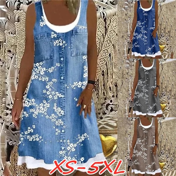 Women's Fashion Sleeveless Summer Tank Dress Casual Loose Floral Print Swing Flared Sundress - Shop Trendy Women's Clothing | LoverChic