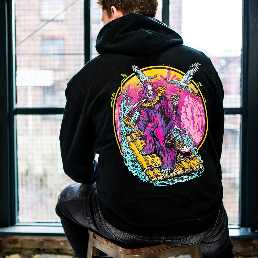 Skeleton Drifting on the River Black Print Hoodie