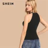 SHEIN Black Rib Knit Lettering Halter Neck Slim Fit Tank Tops Women Vest 2019 Summer Fashion Female New Active Wear Top Vests
