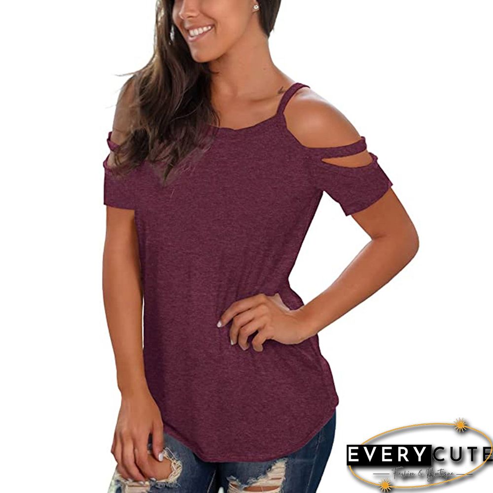 Purple Red Cotton Blend Cold Shoulder Tees