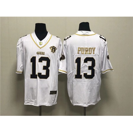 Men's San Francisco 49ers #13 Brock Purdy White Gold With 75th  Anniversary Patch Stitched Jersey