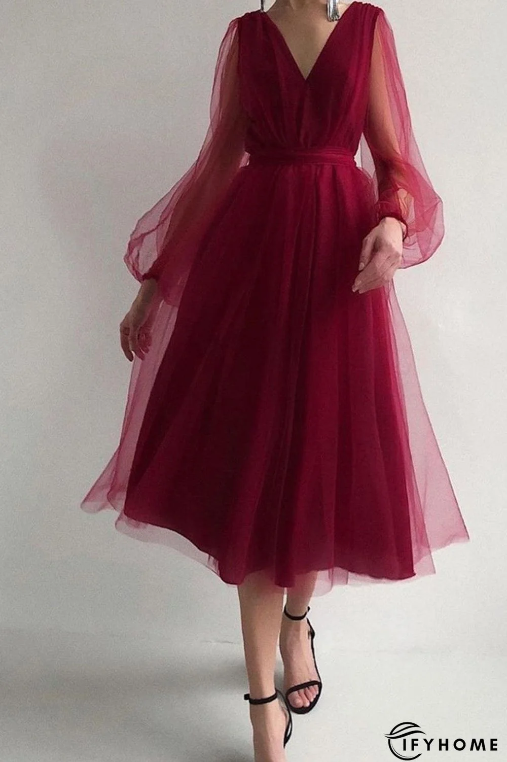 V Neck Tulle Long Sleeve Midi Dress | IFYHOME