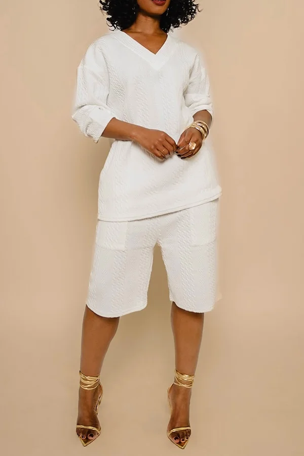 Casual Textured V Neck T-shirt & Shorts Set