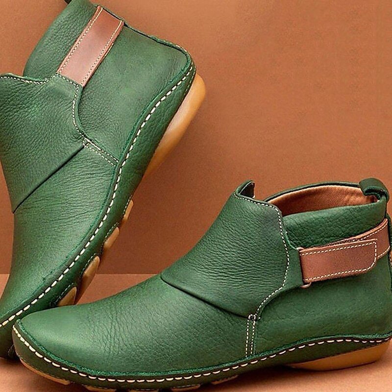 Women'S Boots Plus Size Booties Ankle Boots Buckle Flat Heel Round Toe Casual Vintage Daily Outdoor Walking Shoes Cowhide Loafer Winter Solid Colored Green Gray Red- Fabulory