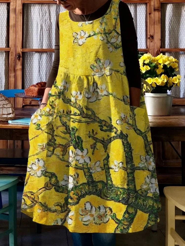 Gold Almond Blossom Oil Painting Pinafore Midi Dress