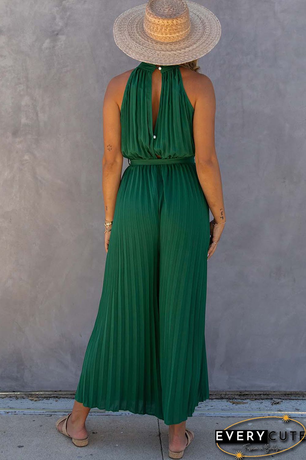 Green Halter Neck Pleated Wide Leg Jumpsuit with Belt