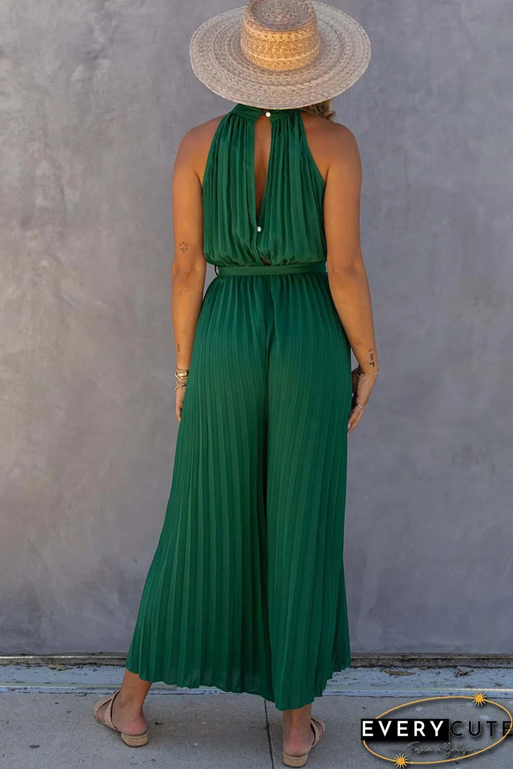 Green Halter Neck Pleated Wide Leg Jumpsuit with Belt