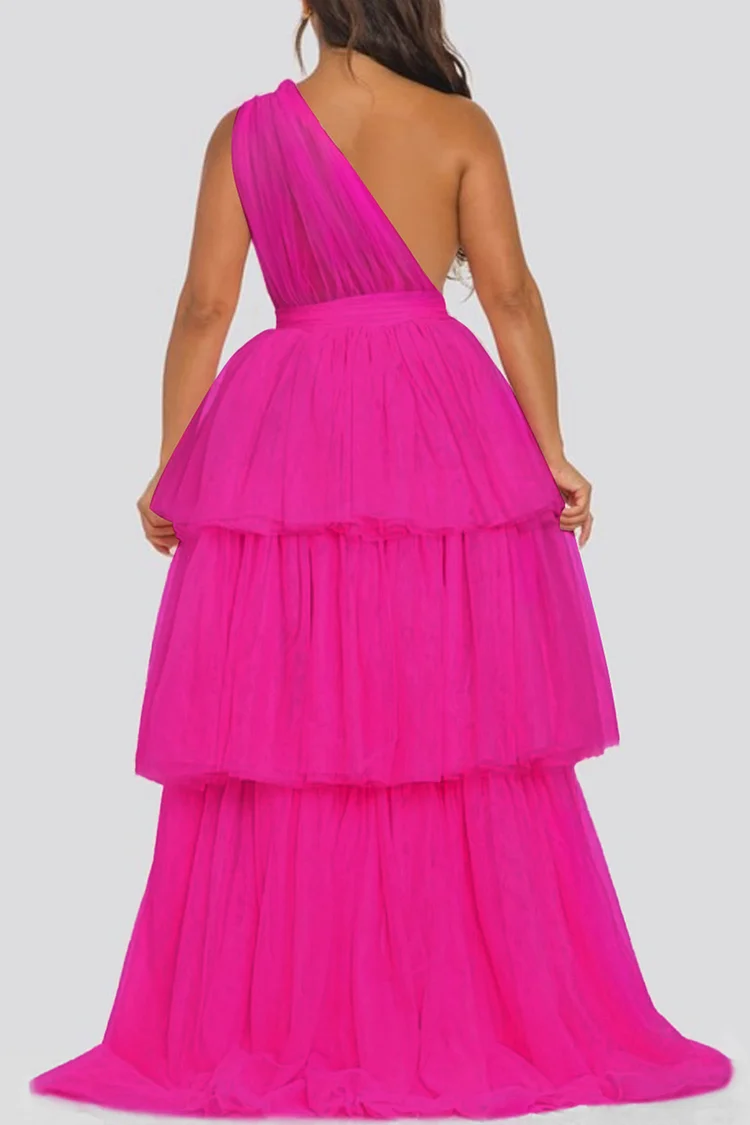 Plus Size Prom Hot Pink Elegant Oblique Collar High Low Hem Ruffle Tulle Maxi Dresses