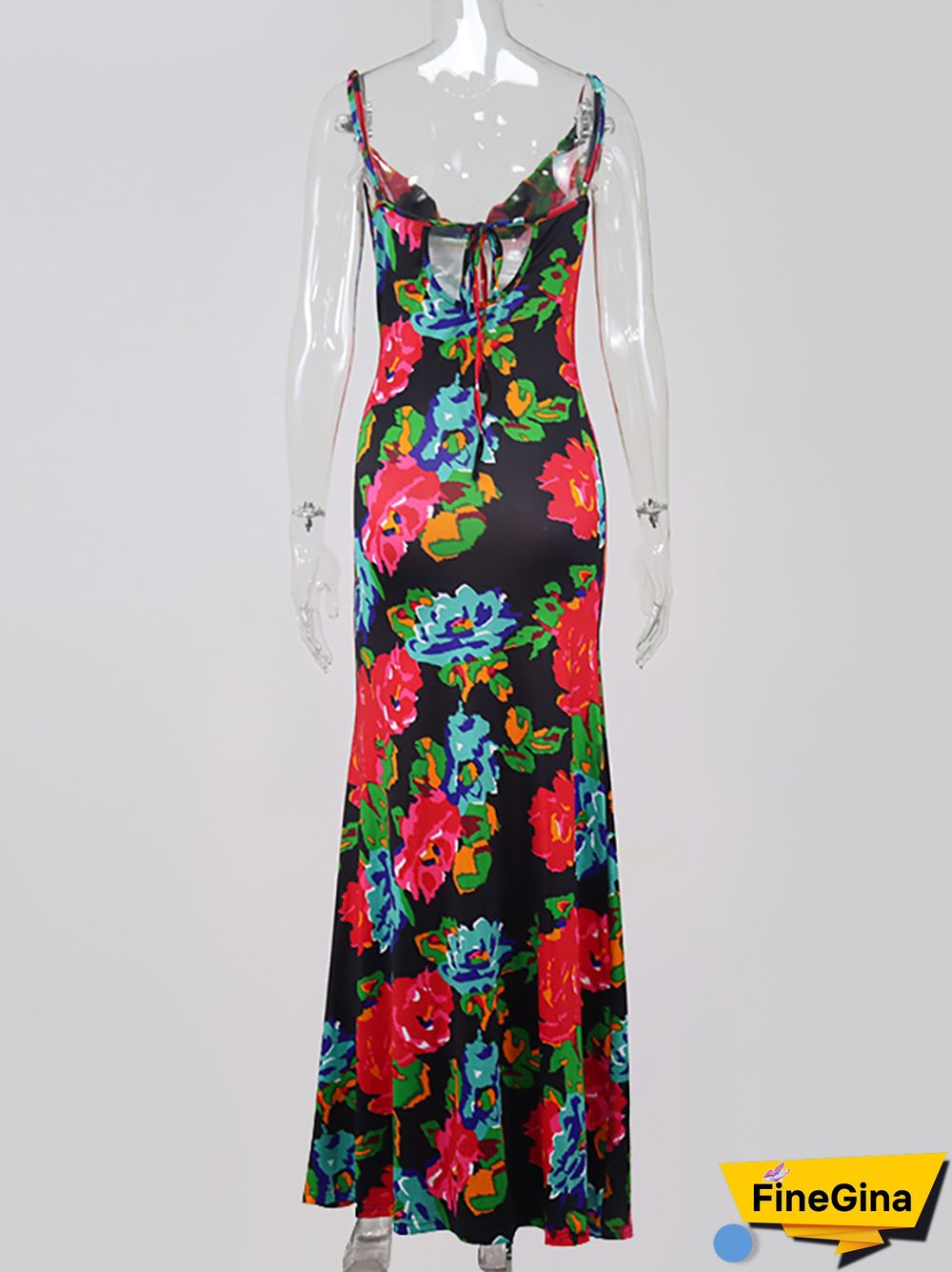 NewAsia Floral Maxi Dress Women Cowl Neck Spaghetti Strap Backless Print Beach Dresses Woman Party Night Sexy Long Dress Black