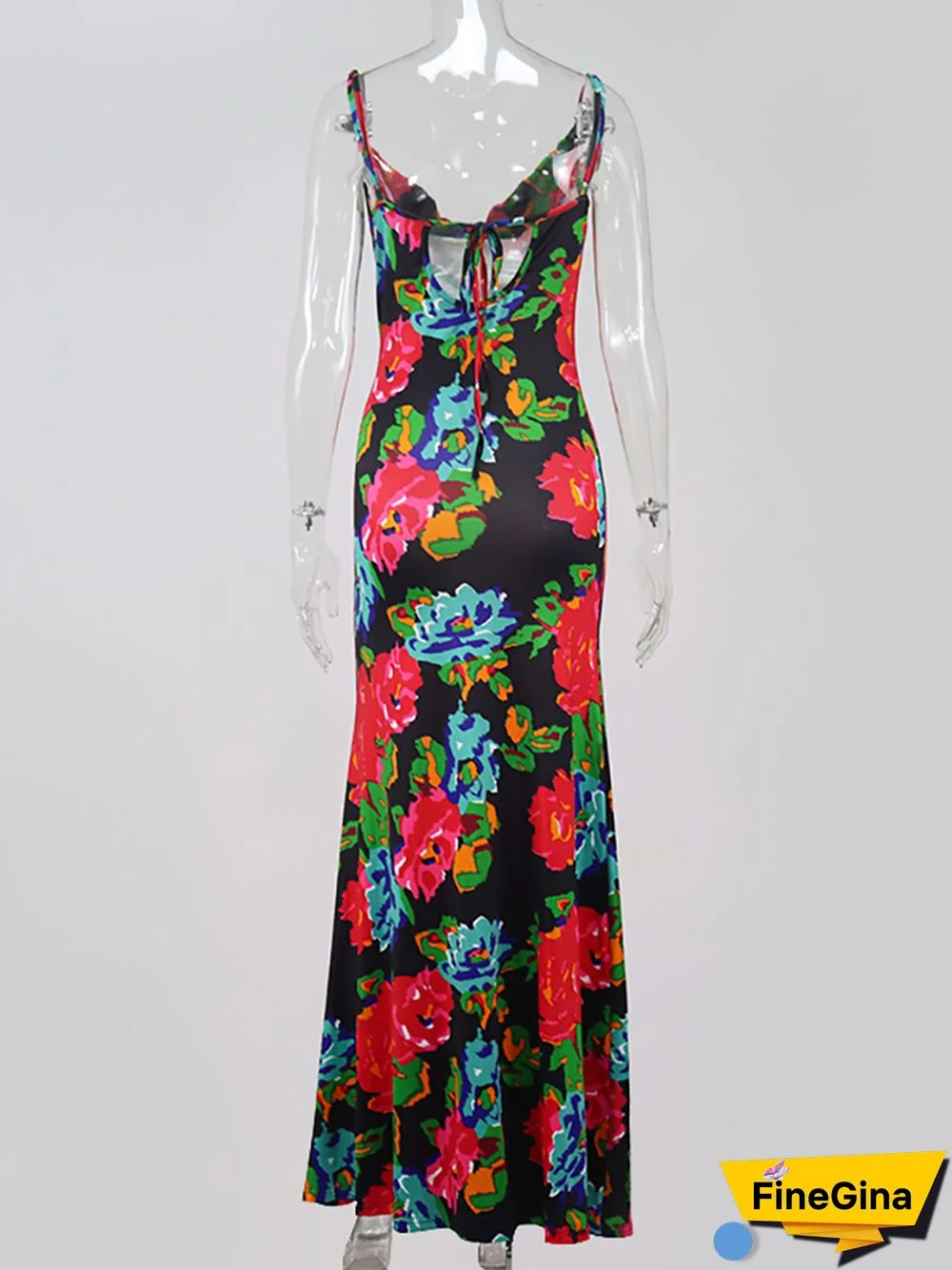 NewAsia Floral Maxi Dress Women Cowl Neck Spaghetti Strap Backless Print Beach Dresses Woman Party Night Sexy Long Dress Black