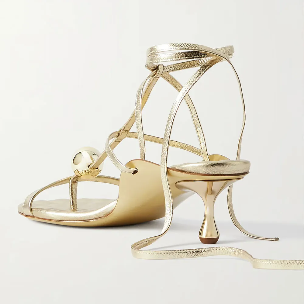 Gold Metallic Round Toe Ankle Tie Flip Flops T-Strap Women's Sandals