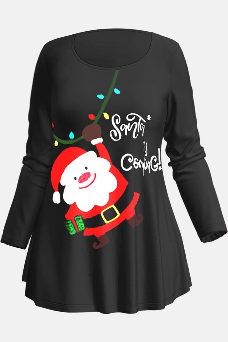 Flycurvy Plus Size Christmas Black Santa Claus Colorful Lantern Print T-Shirt  flycurvy [product_label]