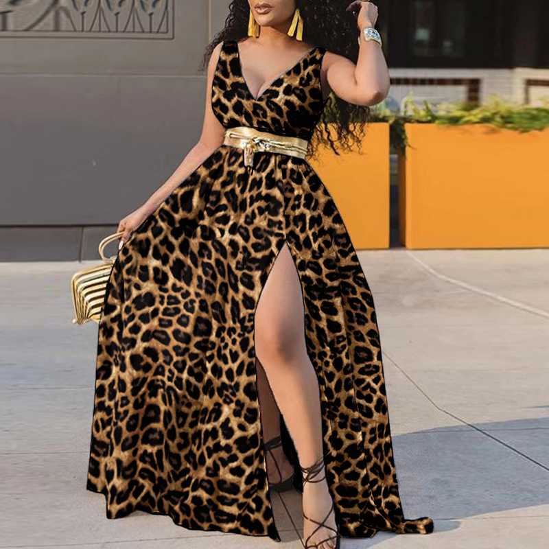Women Party Long Maxi Dress 2022 VONDA Casual Robes Longue Vintage V Neck Printed Leopard Party Dress Pleated Side Slit Vestido