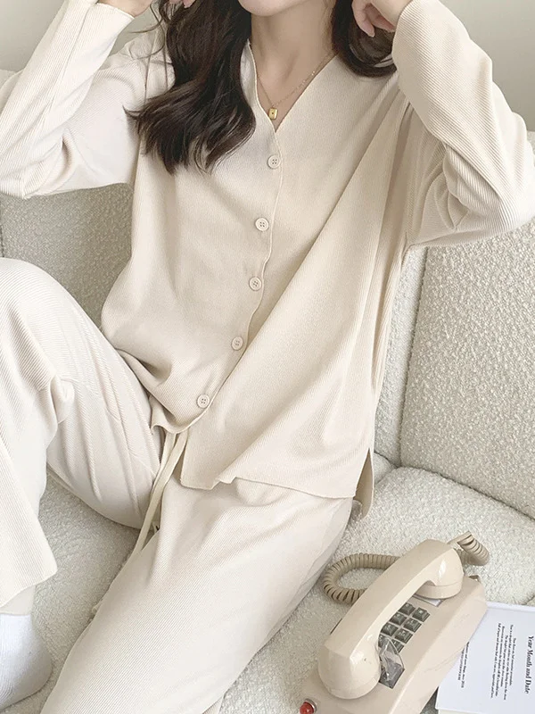 Solid Color Long Sleeves V-Neck Cardigan Tops & Pants Pajamas Set