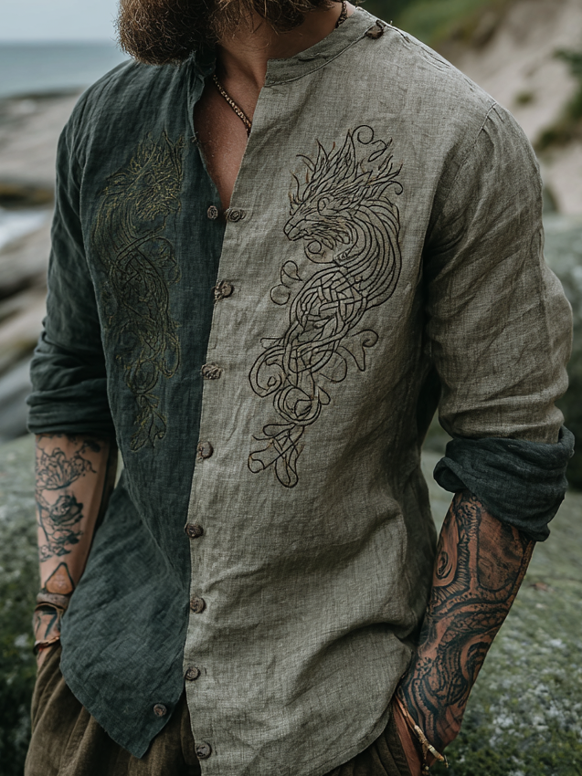 Men's Viking-Inspired Dragon Two-Tone Long Sleeve Linen Shirt / Rvogue / Rvogue