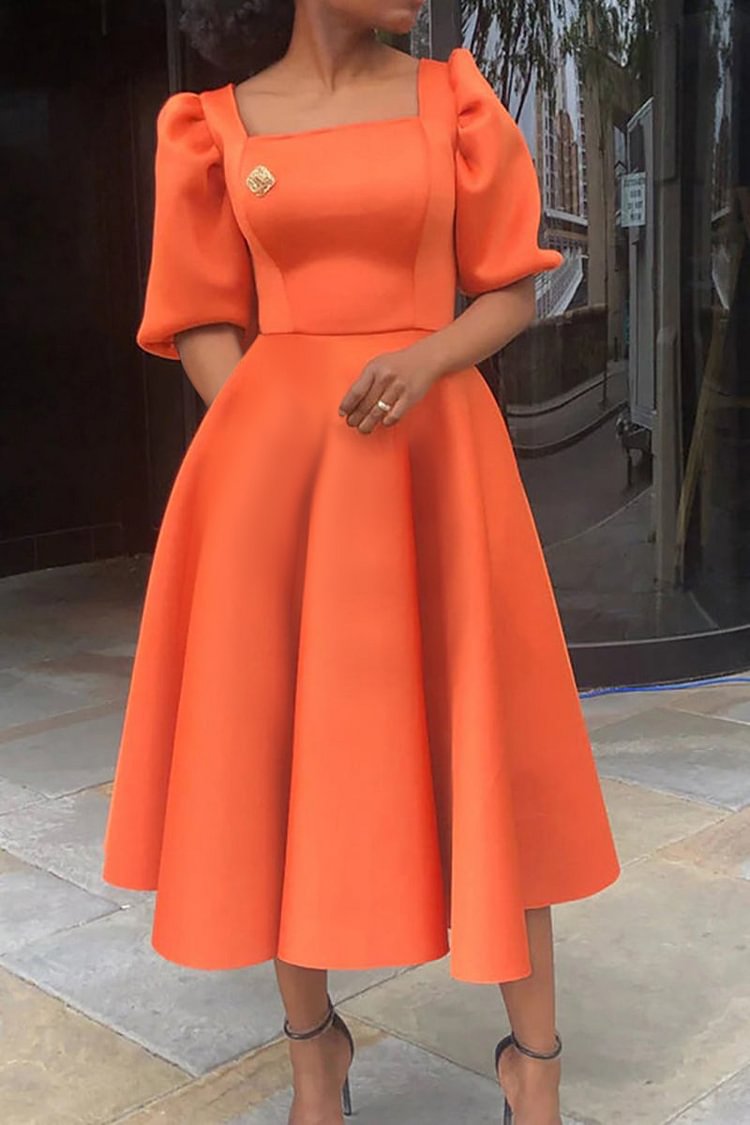 Xpluswear Plus Size Formal Orange Square Neck Puff Sleeve Pleated With Pockets Midi Dress(Ships 4/1)